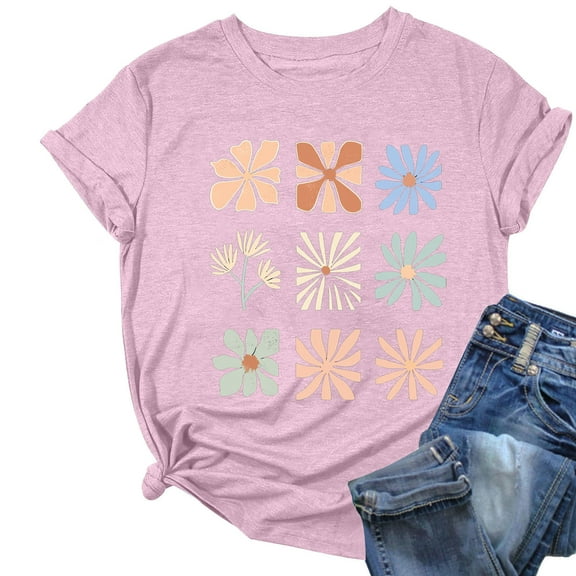 Womens Summer T-Shirts Floral Print Short Sleeve Base Tees Casual Loose Cute Tops for Teen Girls (XL, Pink)