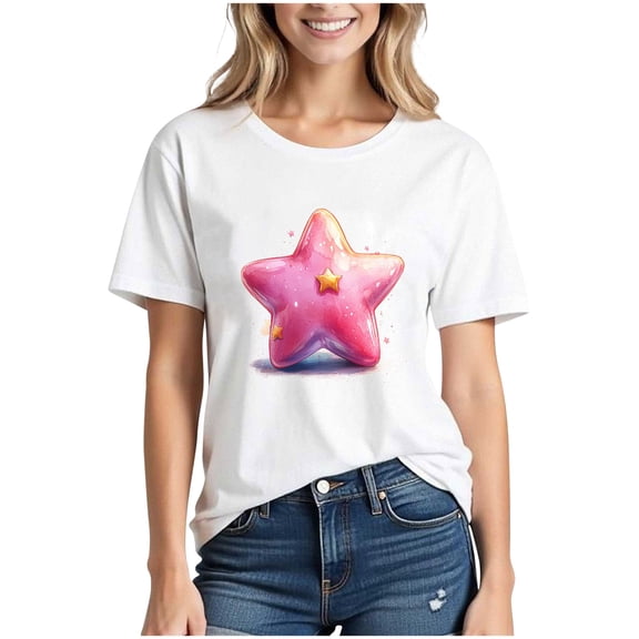 Xuety Womens Summer T-Shirts Star Print Crew Neck White Blouses Cotton Short Sleeve Tops with Graphic