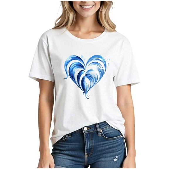 Womens Summer T-Shirts Heart Print Crew Neck White Blouses Cotton Short Sleeve Tops with Graphic