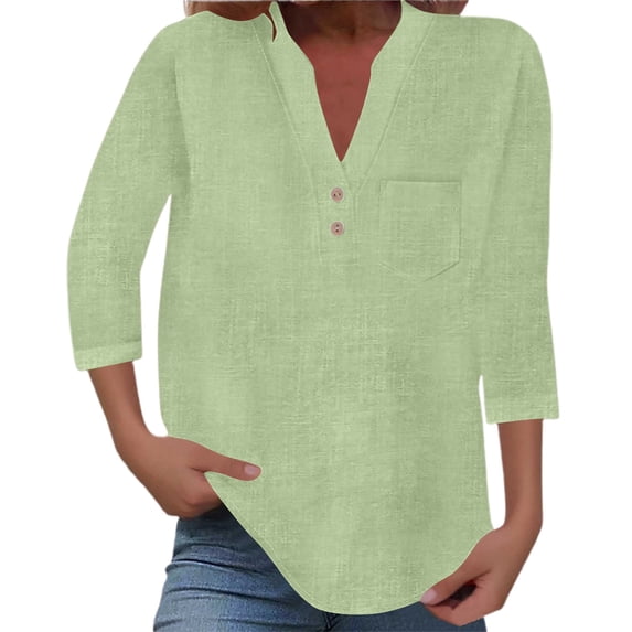 Womens Summer T Shirts Henley Neck 3/4 Sleeve Basic Tops 2026 Fashion Solid Color Tee