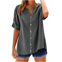 Womens Summer T-Shirts Henley Neck Tee Front Button Blouses Pullover Sweater Blouses Pure Basic Tops Loose Fit T Shirt Short Sleeve Shirts Boho Women Classic Going Out Outfits