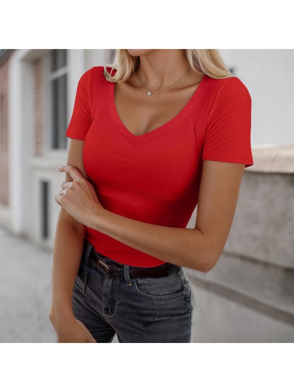 Womens Summer T Shirts New Thread Strip Slim Long Short Sleeve Sexy V Neck Casual T Shirt Fashion Tshirts S-2XL