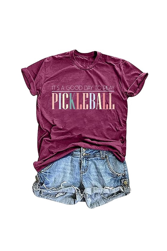 Womens Summer T-Shirts Pickleball Player Letter Print Short Sleeve Tees Crew Neck Funny Pickle Ball Lover Group Squad Xmas Top