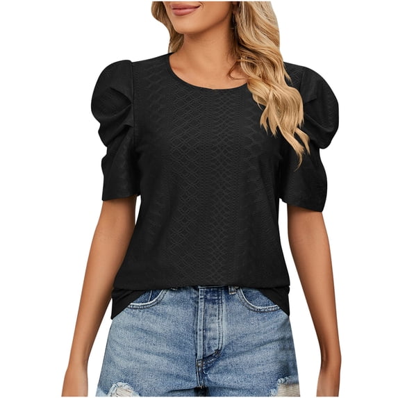 Womens Summer T Shirts Puff Short Sleeve Pleated Shirts Tops Fashion Casual Basic Crew Neck Solid Tunic Blouse