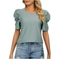 thumbnail image 1 of Womens Summer T Shirts Puff Short Sleeve Pleated Shirts Tops Fashion Casual Basic Crew Neck Solid Tunic Blouse, 1 of 6