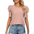 thumbnail image 1 of Womens Summer T Shirts Puff Short Sleeve Pleated Shirts Tops Fashion Casual Basic Crew Neck Solid Tunic Blouse, 1 of 6