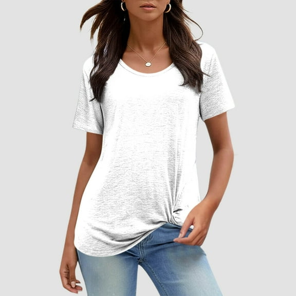 Womens Summer T Shirts Round Neck Short Sleeve Casual T Shirt for Knot Detail Solid Color Relaxed Fit Top Blouses Fall 2025 S-2XL