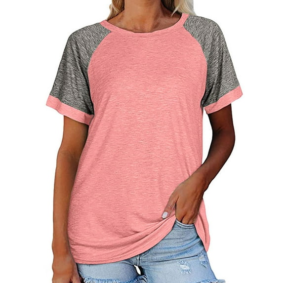 Womens Summer T-Shirts, Short Sleeve Shirts for Women Fashion Loose Fit Color Block Crewneck Tees Tops S-3XL