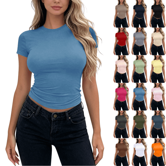 Womens Summer T Shirts Slim Fitted Crew Neck Short Sleeve Basic Tees Lightweight Soft Comfy Casual Cute Crop Tops,Sizes S-XL