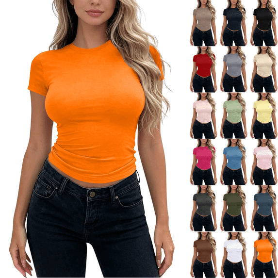 Womens Summer T Shirts Slim Fitted Crew Neck Short Sleeve Basic Tees Lightweight Soft Comfy Casual Cute Crop Tops,Sizes S-XL