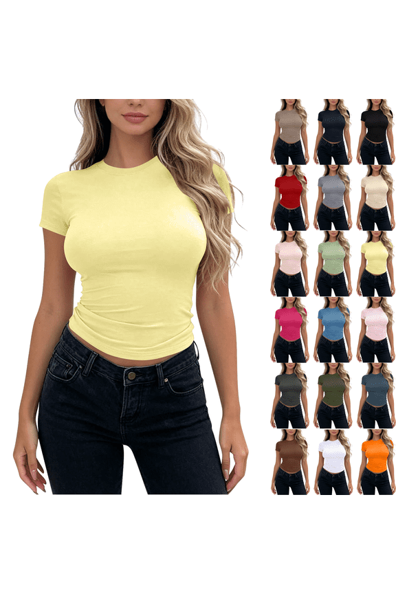 Womens Summer T Shirts Slim Fitted Crew Neck Short Sleeve Basic Tees Lightweight Soft Comfy Casual Cute Crop Tops,Sizes S-XL