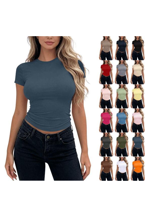 Womens Summer T Shirts Slim Fitted Crew Neck Short Sleeve Basic Tees Lightweight Soft Comfy Casual Cute Crop Tops,Sizes S-XL