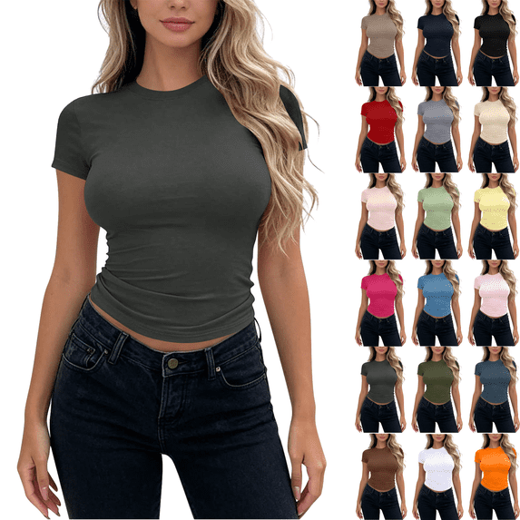 Womens Summer T Shirts Slim Fitted Crew Neck Short Sleeve Basic Tees Lightweight Soft Comfy Casual Cute Crop Tops,Sizes S-XL