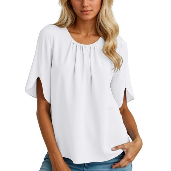 Womens Summer T Shirts Trendy Chiffon Solid Color Pleated Crew Neck Short Sleeve Tops Casual Relaxed Fit Workout Tee Blouses
