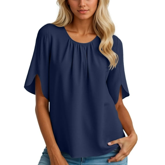 Womens Summer T Shirts Trendy Chiffon Solid Color Pleated Crew Neck Short Sleeve Tops Casual Relaxed Fit Workout Tee Blouses