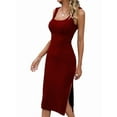 thumbnail image 1 of Womens Summer Tank Dress Casual Sleeveless Square Neck Bodycon Side Slit Midi Ribbed Sweater Dresses Wine Red XL, 1 of 9