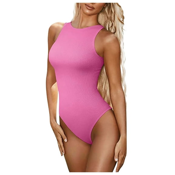 Womens Summer Tank Top Bodysuit Stretchy Thong Bottom Ribbed Body Suits Casual One Piece Slimming Crew Neck Romper, Pink, L