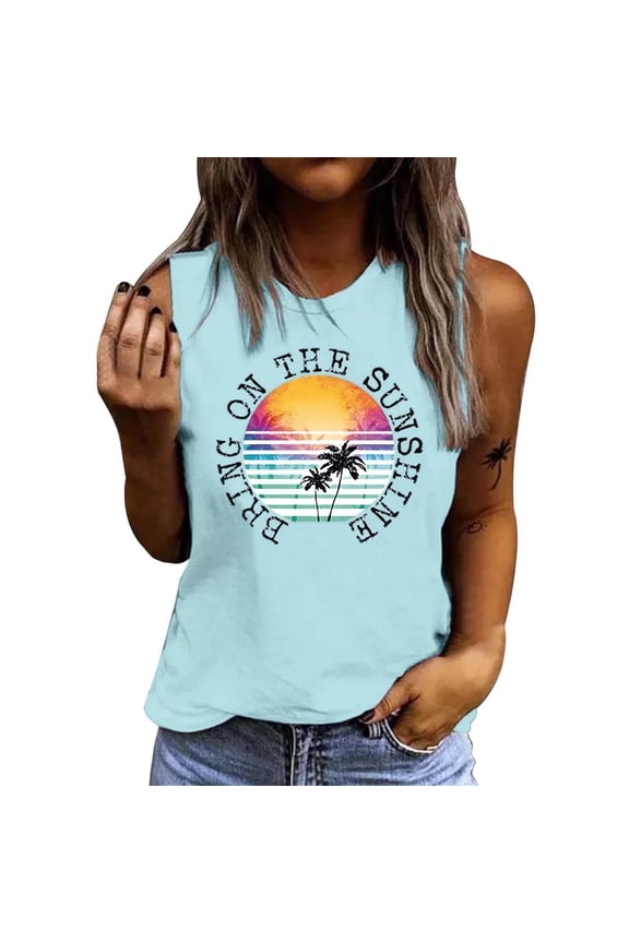 Womens Summer Tank Top Coconut Tree Print Sleeveless Round Neck Beach Cami Blouse Holiday Cruise Wear Mint Green