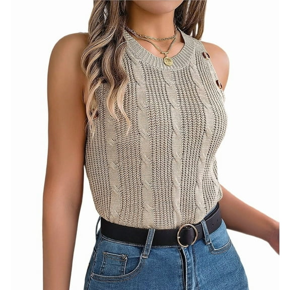 Womens Summer Tank Top Ribbed Sleeveless Shirts Casual Loose Knit Sweater Vest Khaki L