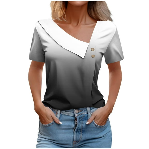 Womens Summer Tank Top Women Shirts Trendy, Short Sleeve Gradient T-Shirt for Women Casual 2025 Summer Tops Loose Skew V Neck Tee Shirts Blouse