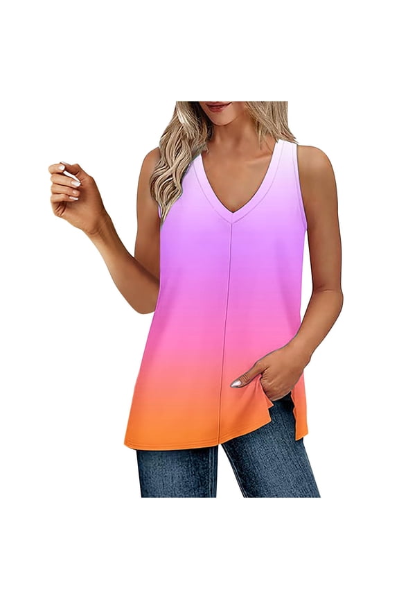 Womens Summer Tank Tops 2026 V Neck Sleeveless Casual Loose T Shirts tRENDY Side Split Gradient Tunic Cami Tops