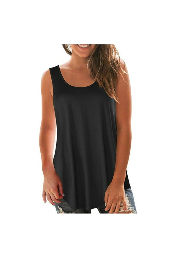 Womens Summer Tank Tops Casual Loose Lightweight Flowy Pleated Swing Tunic Shirts Vest Trendy Solid Blouses Round Neck Sleeveless Top Dressy Black XXL