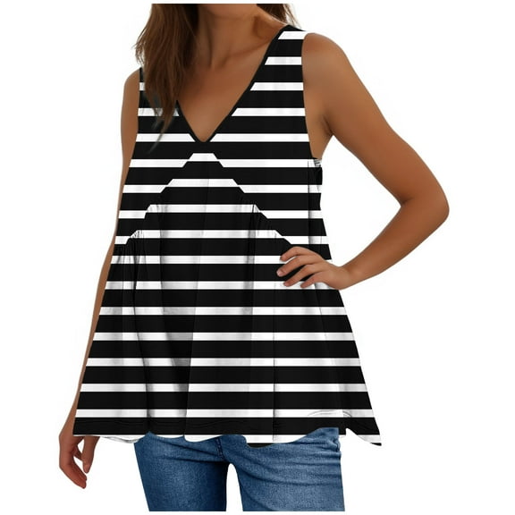 Diufon Womens Summer Tank Tops Casual Loose Stripe Printed V Neck Dress Shirts Spring Fashion Tunic Blouse