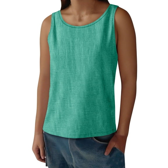 Womens Summer Tank Tops Crew Neck Beach Vacation Light Green Sleeveless Solid Color Loose Shirts Blouses S