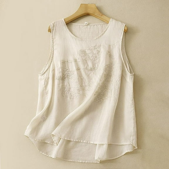 Womens Summer Tank Tops Crew Neck Embroidered Sleeveless T-Shirts Causal Tunic Blouses Lightweight Fashion Pullover 2025