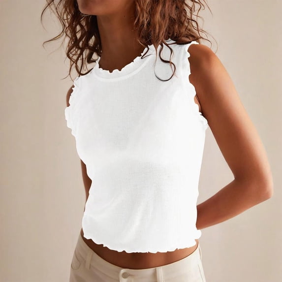 Womens Summer Tank Tops Crew Neck Ruffle Shirts Sleeveless Ribbed Knit Slim Fitted Tee Business Casual Blouses L