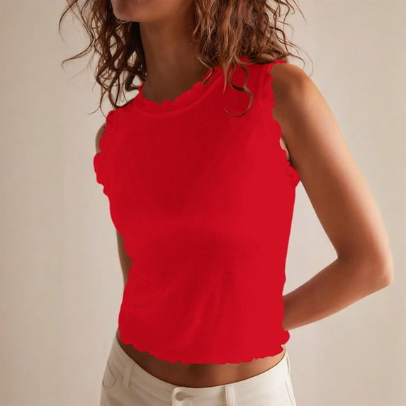 Womens Summer Tank Tops Crew Neck Ruffle Shirts Sleeveless Ribbed Knit Slim Fitted Tee Business Casual Blouses XL