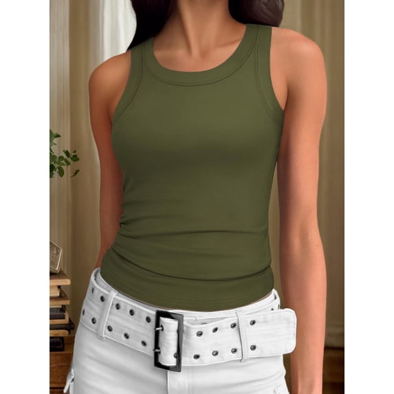 Womens Summer Tank Tops Crewneck Sleeveless Shirts Tanks Slim Fitted Casual Basic Tee Shirt