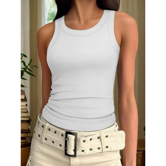 Womens Summer Tank Tops Crewneck Sleeveless Shirts Tanks Slim Fitted Casual Basic Tee Shirt