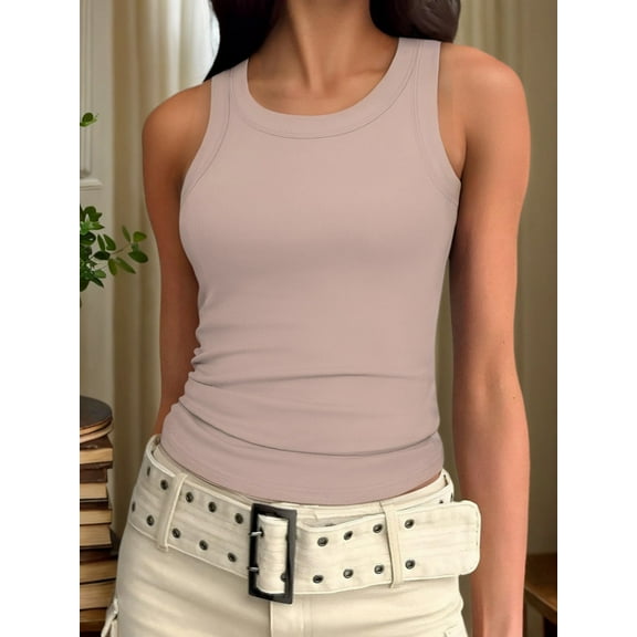 Womens Summer Tank Tops Crewneck Sleeveless Shirts Tanks Slim Fitted Casual Basic Tee Shirt