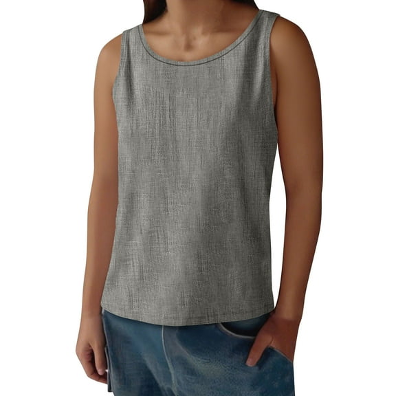 Womens Summer Tank Tops Round Neck Beach Vacation Gray Sleeveless Solid Color Loose Shirts Blouses S