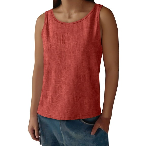 Womens Summer Tank Tops Round Neck Beach Vacation Red Sleeveless Solid Color Loose Shirts Blouses 2XL