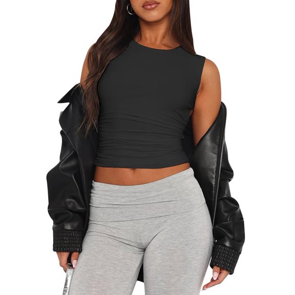 Womens Summer Tank Tops Sleeveless Crewneck Knit Slim Fitted Side Ruched Casual Basic Shirt Black S