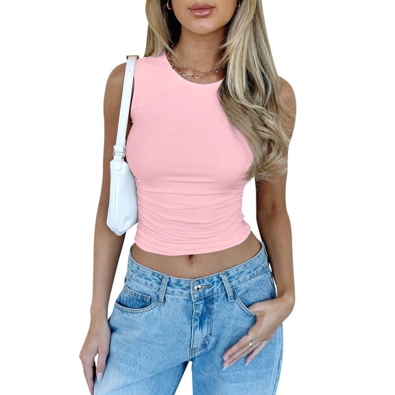 Womens Summer Tank Tops Sleeveless Crewneck Knit Slim Fitted Side Ruched Casual Basic Shirt Pink XL