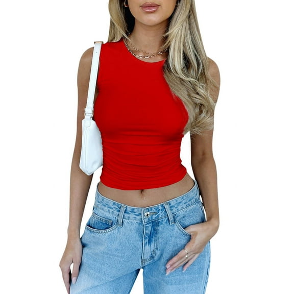 Womens Summer Tank Tops Sleeveless Crewneck Knit Slim Fitted Side Ruched Casual Basic Shirt Red L