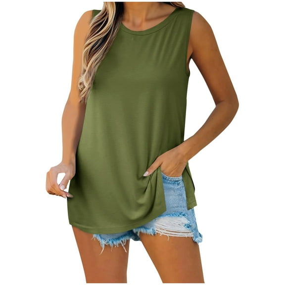 Womens Summer Tank Tops, Sleeveless Shirts for Women Casual Loose Fit Solid Color Crewneck Tanks Dressy Blouses