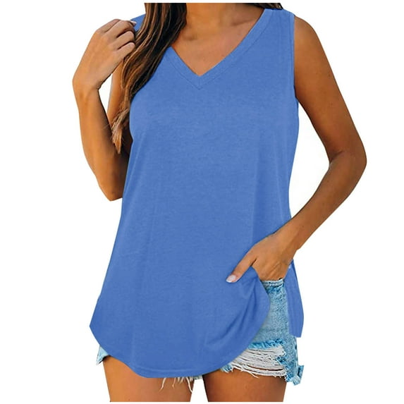 Womens Summer Tank Tops, Sleeveless Shirts for Women Casual Loose Fit Solid Color V Neck Blouses