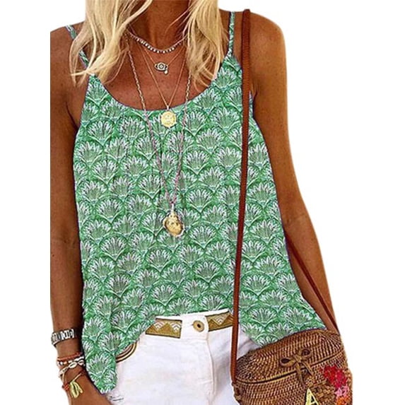 Womens Summer Tank Tops Sleeveless T Shirt Casual Loose Fit Tunic Blouses Boho Green Leaf Print Spaghetti Strap Loose Casual Cami Tank Top Green 2XL