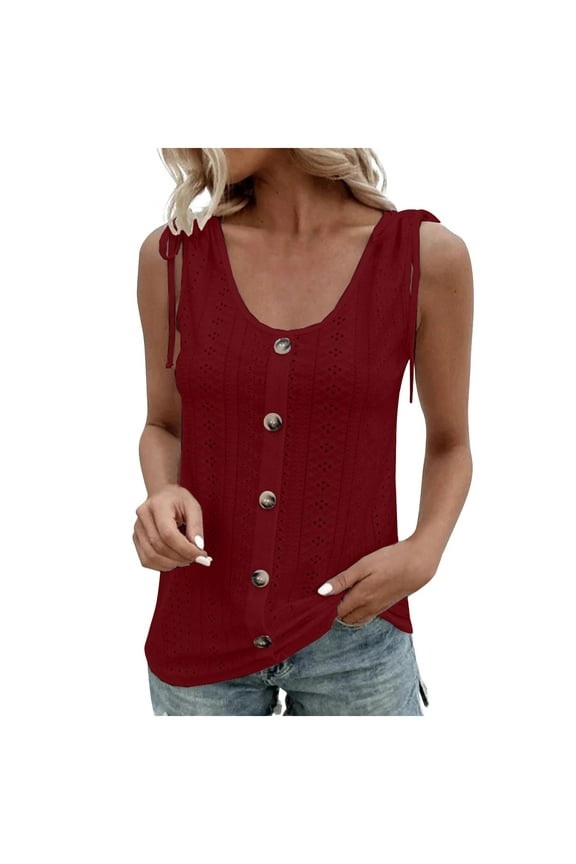 Womens Summer Tank Tops U Neck Sleeveless Tie Knot Strap Eyelet Cami Tee Shirts Solid Casual Button Down Tanks Blouses