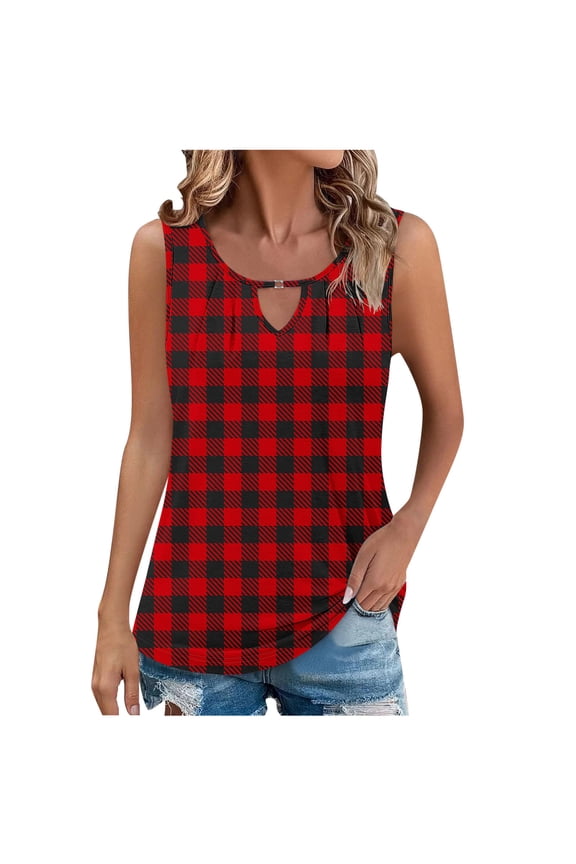 Womens Summer Tank Tops V-Neck Keyhole Sleeveless Plaid Print Shirt Loose Fit Basic Business Casual Summer Camisole