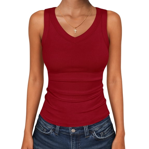 Womens Summer Tank Tops V Neck Sleeveless Shirts Ribbed Tanks Slim Fitted Casual Basic Tee Shirt