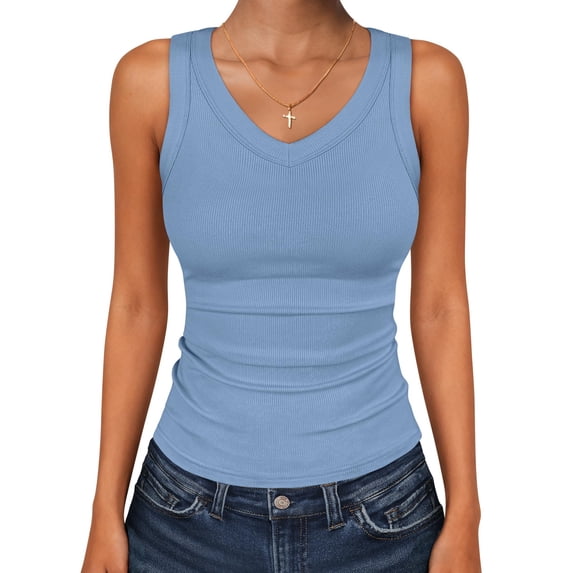 Womens Summer Tank Tops V Neck Sleeveless Shirts Ribbed Tanks Slim Fitted Casual Basic Tee Shirt