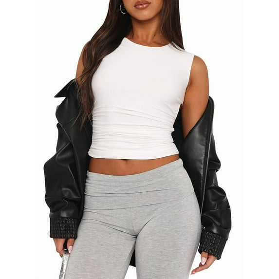 Womens Summer Tank Tops Sleeveless Crewneck Knit Slim Fitted Side Ruched Casual Basic Shirt White S