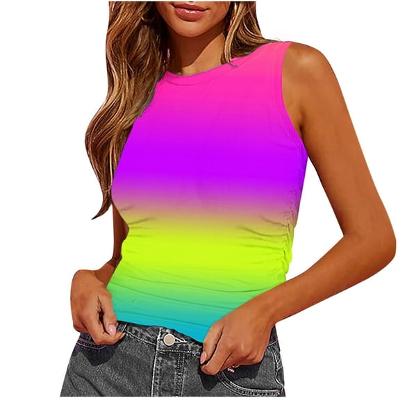 Womens Summer Tanks Gradient Tops Crew Neck Blouse Striped Camis Sleeveless Tshirts Floral Printed Vest Basic Tops Shirt Ladies Tunic Tops Trendy Casual Camisole