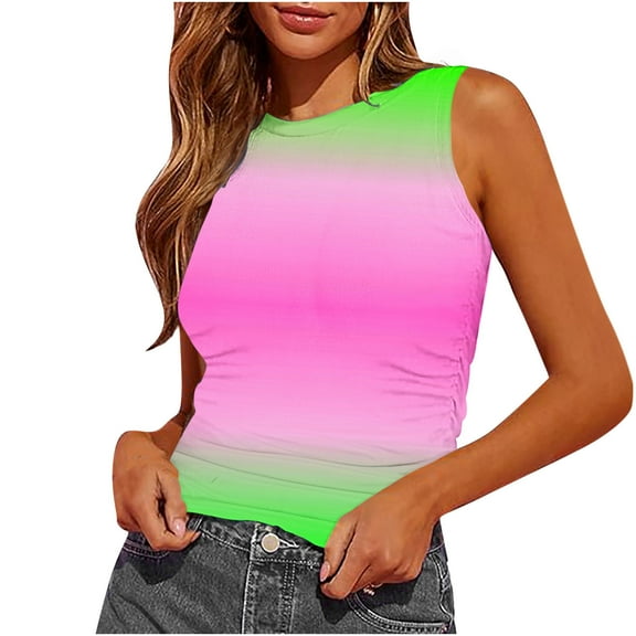 Womens Summer Tanks Gradient Tops Crew Neck Blouse Striped Camis Sleeveless Tshirts Floral Printed Vest Basic Tops Shirt Ladies Tunic Tops Trendy Casual Camisole