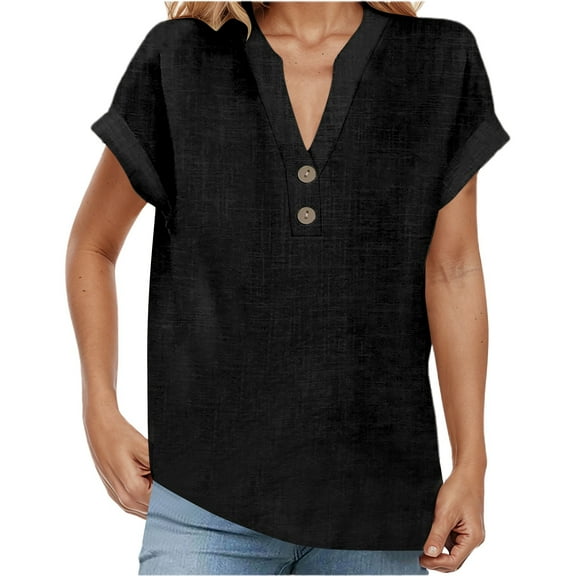 Womens Summer Tees Short Sleeve V Neck Half Button Loose Tops Vintage Casual Boho Beach Tunic Blouse